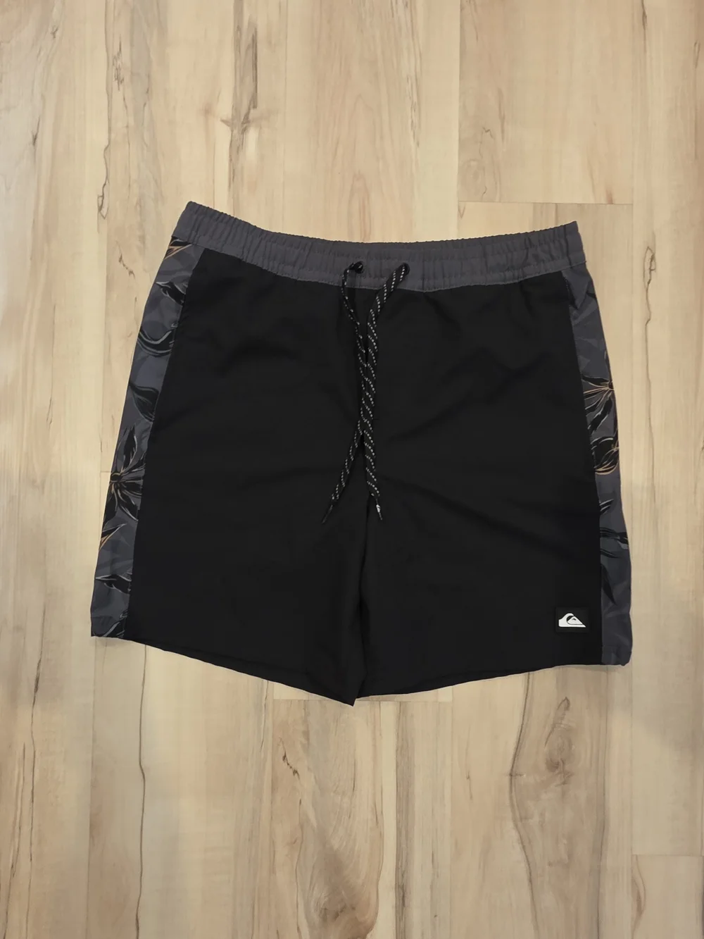 Quiksilver Black Swim Trunks with Gray Floral Side Panels